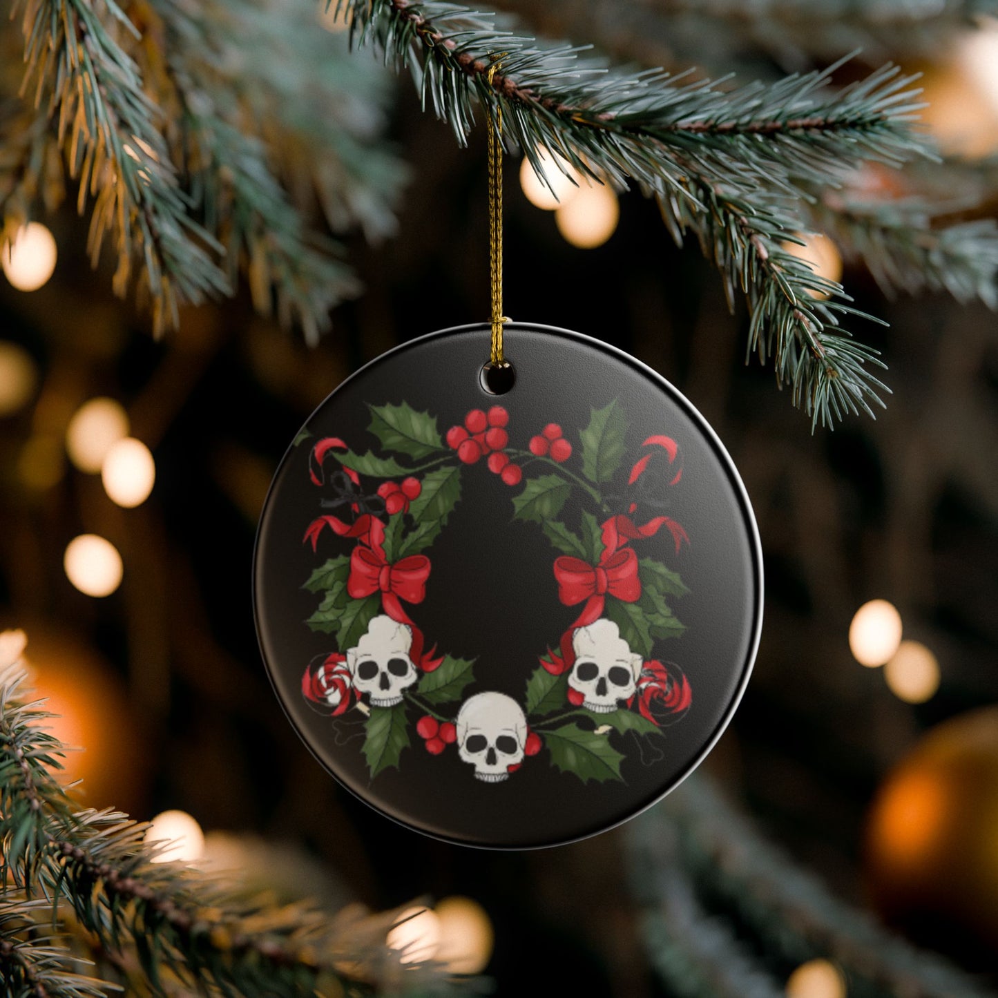 Skull Christmas Wreath Ceramic Ornament