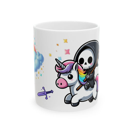 Whimsical Unicorn & Grim Reaper Ceramic Mug