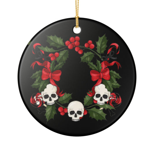 Skull Christmas Wreath Ceramic Ornament